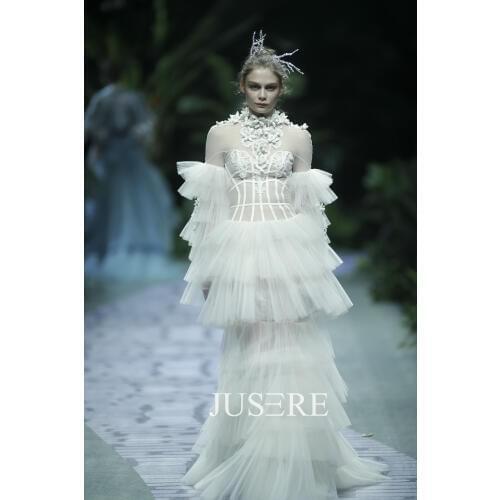 Fashion Show bridal gown haute couture white bridal dress with high neckline long sleeves