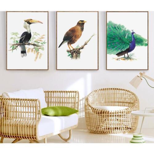 07G Watercolor Birds Peacock Woodpecker Portrait A4 A3 A2 Canvas Art Painting Print Poster Picture Wall Home Decorative Mural