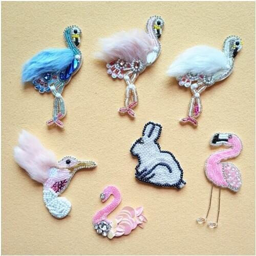 6pcs/lot Handmade Sewing Bead Crystal Drill Swan Flamingo Rabbit Animal Embroidery Patches DIY Garment Accessories Applique