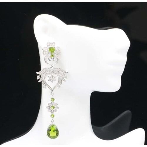 78x25mm Luxury Long Big Created 14g Green Peridot White CZ For Womans Dating Silver Earrings Eye Catching