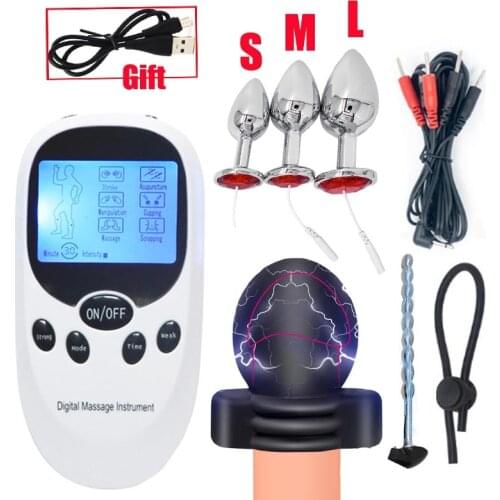 BDSM Male Electro Shock Glans Trainer E-stim Anal Butt Plug Prostate Massager Electric Stimulation Penis Plug Cock Ring Sex Toys