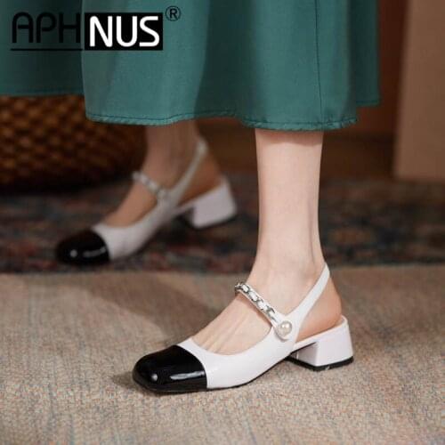 APHNUS Womens Sandals Mixed Colors Cow Leather Slippers Slides Low Mid Heels Pumps Woman 2021 Shoes For Women New