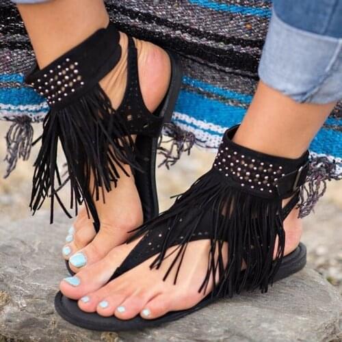 Womens Sandals 2021 Retro Ladies Clip Toe Vintage Boots Casual Tassel Bohemian Fashion Summer Woman Shoes Female New