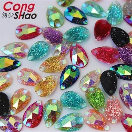 Cong Shao 300pcs 7*12mm Fine powder AB Colorful flat back Resin Drop Rhinestone stones and crystals sewing 2 Hole costume YB703