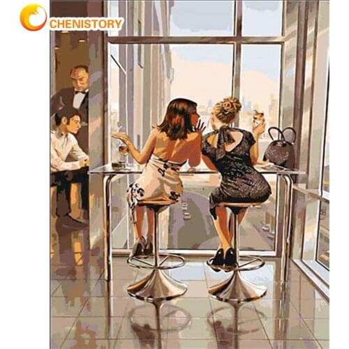 CHENISTORY Framed Painting By Numbers Kits For Adults Beginner Hand Made Women Chating Figure Picture By Number Wall Decors