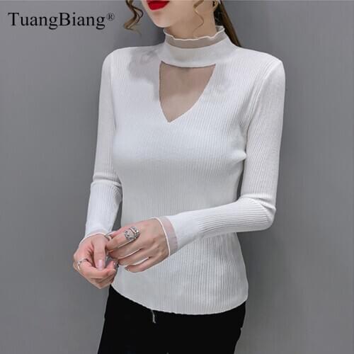 Lace Patchwork Sexy Translucent V-Neck 2020 Sweater Women Mesh Turtleneck Feminine Pullovers Long Sleeve White Elegant Knit Tops