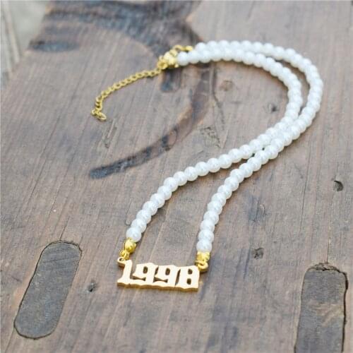 Minimalist Gothic Old English Date Necklaces Imitation Pearl Necklaces Choker Chain Birth Year Necklace Collier Femme