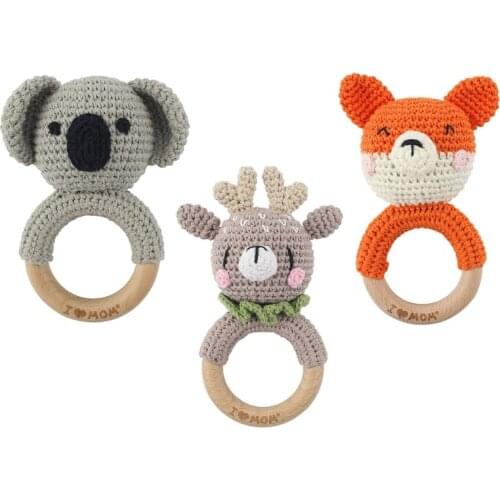Cartoon Crochet Animal Koala/Elk Rattle Baby Wooden Teether Ring Infant Teething Nursing Soother Toys for Newborn