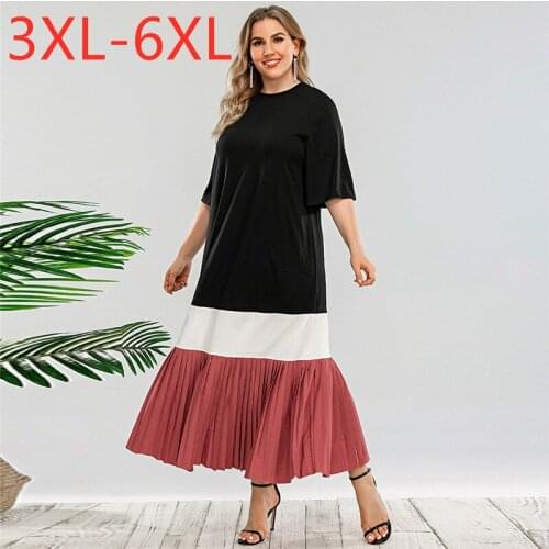 New 2021 Ladies Summer Plus Size Long Dress For Women Large Short Sleeve Large Loose Ruffle Pleated Stripe Dress 3XL 4XL 5XL 6XL