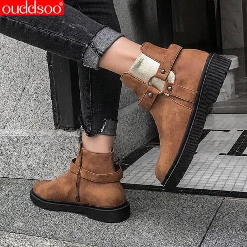 ODS Retro Round Toe Suede Chelsea Boots For Women Leisure Ankle Boots Low Heel Autumn Winter Female Casual Shoes Brown Black