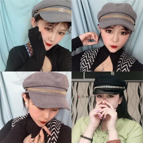 Autumn Winter Hats for Women With Metal Chain Octagonal Caps Ladies Casual Woolen Hat Winter Beret Women Cap HR122309