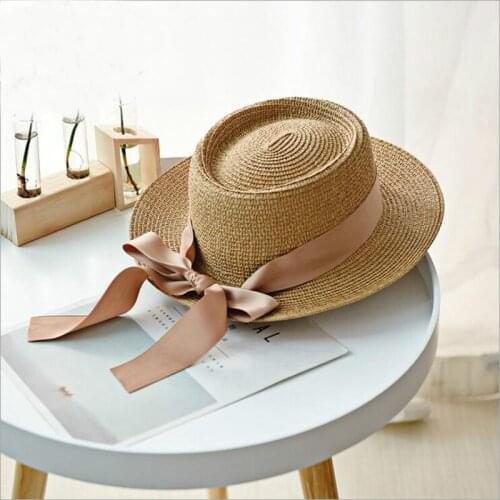 New Summer Sun Hats For Women Fashion Girl Straw Hat Ribbon Bow Beach Hat Casual Straw Flat Top Panama Hat Bone Feminino