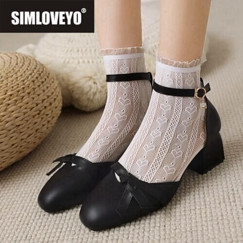 SIMLOVEYO New 2021 Women Pumps Round Toe 5cm Block Heels Buckle Concise Bowtie Pearl Bling Student Soft Big Size 32-46 A3803