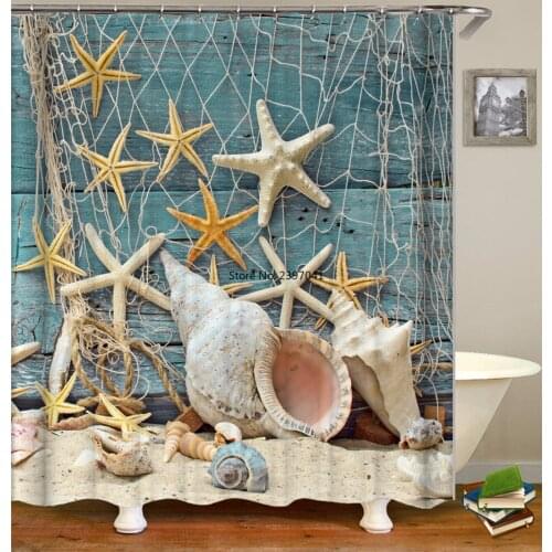 Bath Curtain Sea Beach Shell Starfish Shower Curtains 180*180cm Waterproof Bathroom Home Washable Fabric Bath Screen 12 Hooks
