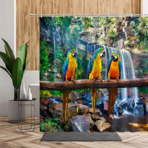 Forest Animals Bathroom Shower Curtain Parrot Waterfall Woods Bath Curtains Natural Scenery Home Decors Waterproof Douchegordijn