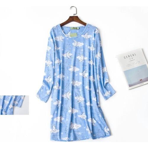 Cotton Nightdress Femme Nightgown Women Cartoon Nightwear Big Size Long Sleeve Sexy Round Collar Sleepwear 2019 Winter