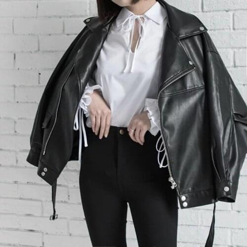 Women Leather Jacket Fashion Loose Belt Black Pu Turn-down Collar Zipper England Korea Street Lady Coat Casual Outerwear