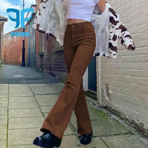 FAVRE Women Jeans Spring Vintage Flare Pants High Waist Slim Brown Pants Korean Fashion Street Casual Trousers