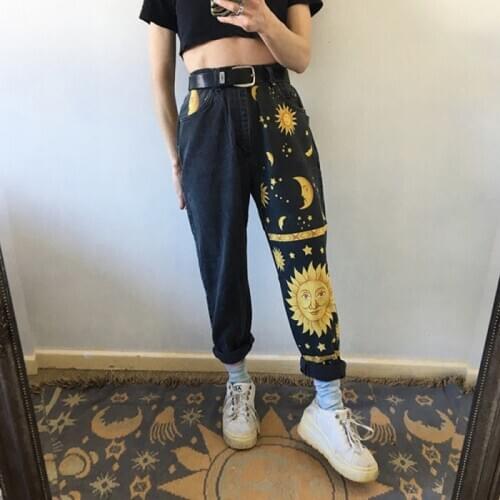 Woman Black Starry Sky Jeans Sun Moon Print Aesthetic Clothes 2021 Women Plus Size High Waist Straight Pants Korea Streetwear