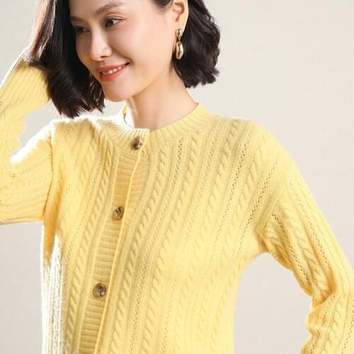 Women Cardigans Oneck 100% Pure wool Kntited Hollow out Sweaters 2020 New Fashion 4Colors Standard Woolen Knitwear Female Cloth