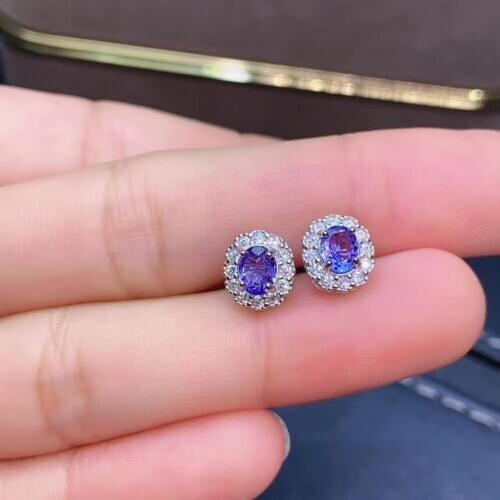 Fashion round Sun flower Natural blue tanzanite ear nails S925 silver natural gemstone stud earrings women party gift jewelry