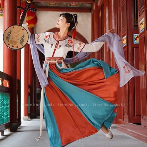 Women Chinese Traditional Hanfu Tang Suit Folk Dance Performance Outfits Retro Embroidery Fairy Princess Dress Qipao Costume Set