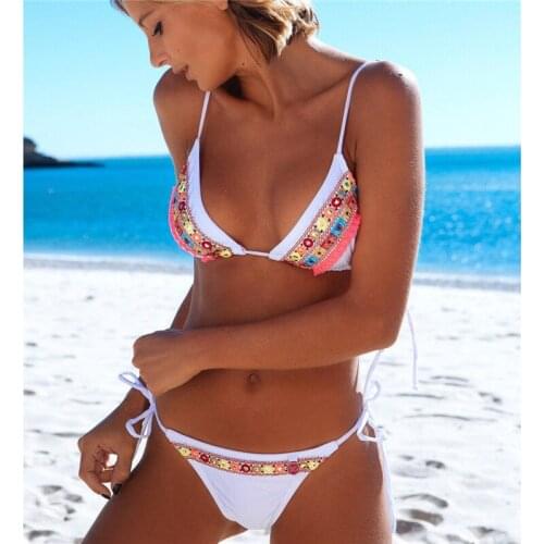 2018 Sexy Women Brazilian embroidery Bikini set v-neck bandage Vintage low waist Beach swimwear Bathing suits Swimsuits 2pcs