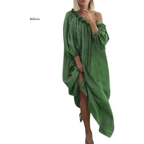 Sexy Solid Color Slash Neck Dress for Women Plus Size Lacework Long Sleeve Pleated Maxi Dress Off Shoulder Vestido De Mujer