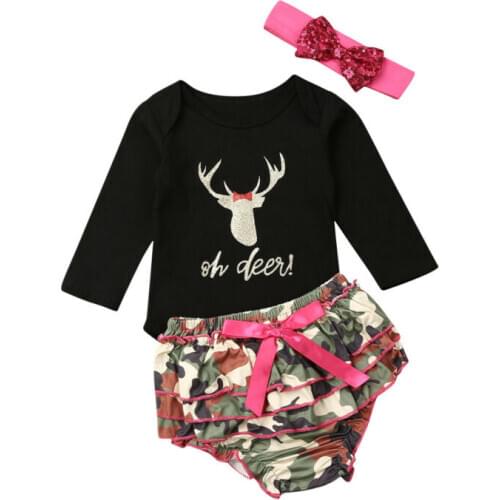 0-18M Christmas Baby Girl Clothing Set Infnat Newborn Girl Long Sleeve Deer Rompers + Camo Ruffles Shorts+Headband Xmas Outfit