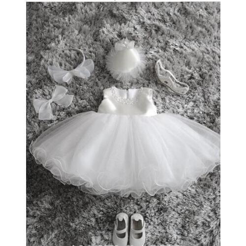 White Flower Girl Wedding Dress Baptism Christening Gown Pageant Dress With Pearls Toddler Girl Princess Dress For 2-12 Y