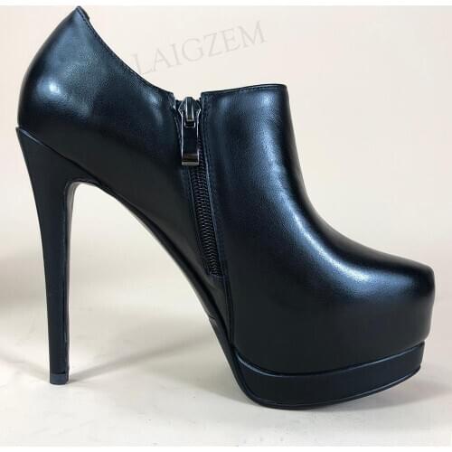 BERZIMER Quality Women Ankle Platform Boots Side Zip High Heels Booties Real Leather Ladies Shoes Woman Big Size 33 37 38 39 40