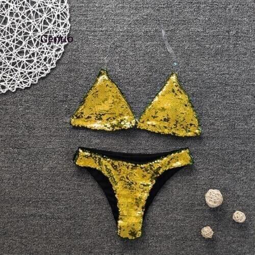Glitter Bikini Sexy Swimsuit Transparent Strap Halter Swimwear Bathing Suit Women Bling Sequin Bikini Set Beachwear