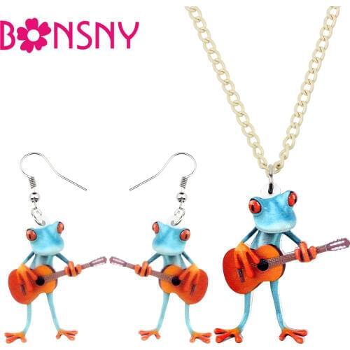 Bonsny Acrylic Jewelry Set Guitar Blue Red-finger Frog Necklace Earrings Funny Cool Pendant For Women Girls Charm Gift NE+EA