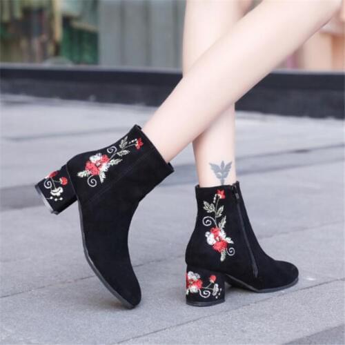 Botas Neck Female Shirts High Quality Flock Comfortable High Heels Ladies Shoes Leisure Black Road Ankle Boots Bottes
