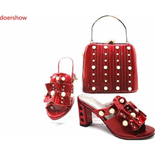 Doershow hot sale red color Shoes and Bags To Match Set Nigerian Shoes and Matching Bag African Wedding Shoes and Bag Set HBR1-5