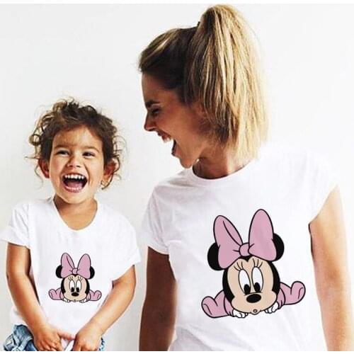 Baby Minnie Print Family Tshirt Short Sleeve White O-neck Casual Loose Mommy And Me Mother Daughter Family Matching Clothes