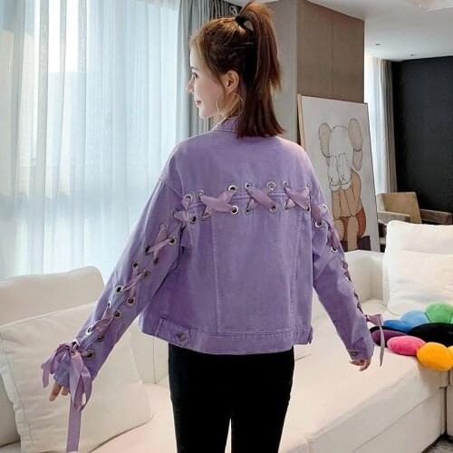 Cotton Back Criss-Cross Denim Jackets Girls Autumn Single Breasted Solid Sweet Women Casual Jacket Ladies Casual Outerwear