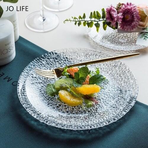 JO LIFE Crystal Plate Ice Cracked Texture Dish Fruit Food Storage Luxury Nordic Style Kitchen Tableware Dessert Salad Glass Tray