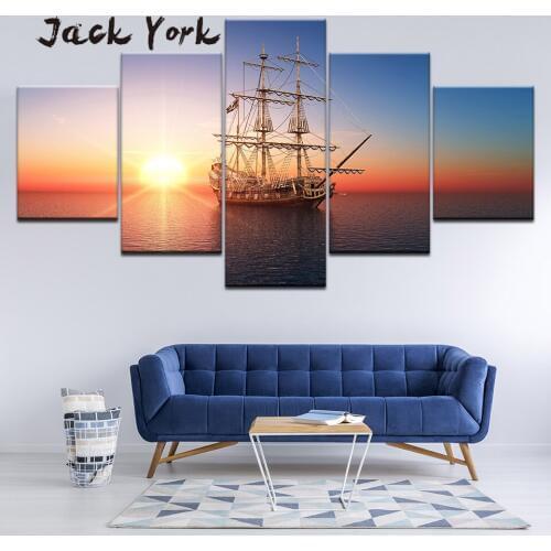 Canvas Painting sailboat on sea with sunset 5 Pieces Wall Art Painting Modular Wallpapers Poster Print living room Home Decor