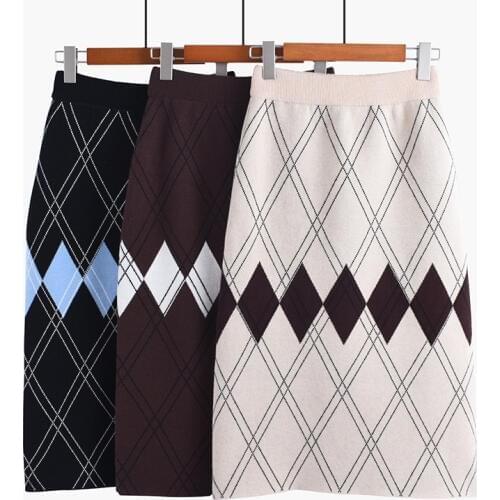 Harajuku Plaid A-line Skirt Winter Knit Slim Skirts Womens High Elastic Vintage Sexy Skirt jupe femme faldas mujer moda Korean