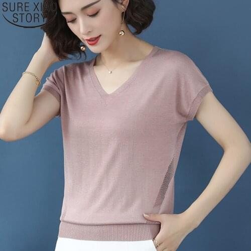 Korean Women Shirts 2021 Short Sleeve Summer Ice Silk Tshirt Solid O-Neck Women Loose Knit Tops Office Lady Shirt Blusas 13778