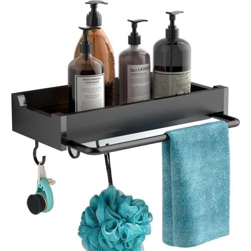 Shower Caddy Basket Shelf With Towel Bar Hooks For Hanging Sponge Razor Rustproof Shampoo Holder Organizer No Drilling