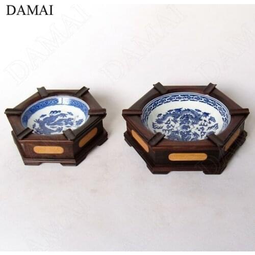 Creativity Rosewood Ashtrays Japanese Simple Solid Wood Inlaid Painted Blue and White Porcelain Blue Dragon Ashtray Home Decor