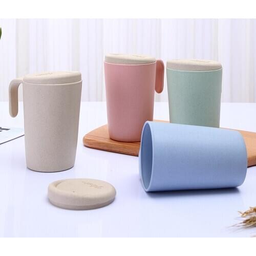 Wheat Straw Mug Water Cup Eco Friendly Cute Cup Little Couple Drinking Cup with Cover Breakfast Milk Coffee Cup