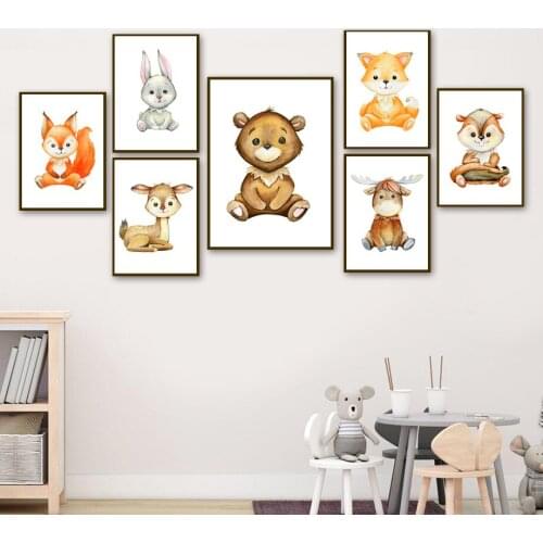 Cartoon Bear Rabbit Fox Deer Squirrel Nursery Wall Art Print Canvas Painting Nordic Poster Wall Pictures Baby Kids Room Decor