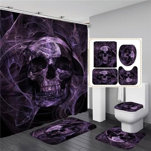 Skull Skeleton Shower Curtain Set Black Printed Horrible Halloween Festival Bathroom Decor Pedestal Rug Lid Carpet Toilet Cover