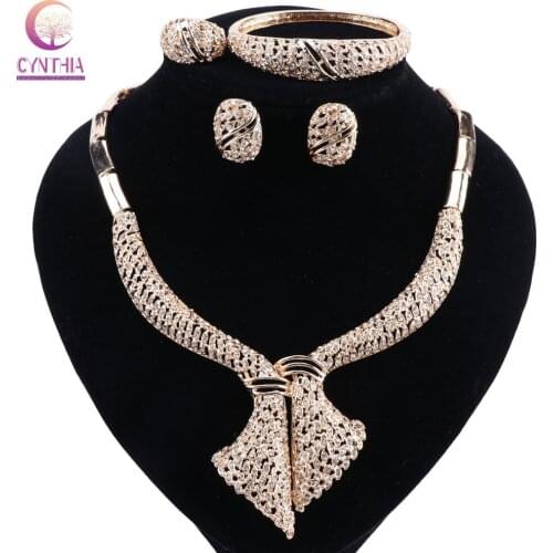 CYNTHIA Bridal Dubai Gold Jewelry Sets Crystal Necklace Earrings Set Nigerian Wedding Party Women Fashion Jewelry Set