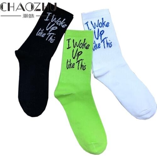 CHAOZHU humor words english white black neon fluorescent green unisex women men street street control I woke up like this socks
