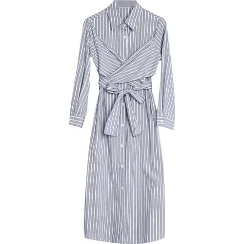PERHAPS U Gray White Pink Striped Turn Down Collar Shirt Dress Full Sleeve Long Sleeve Knee Length Winter Autumn Elegant D0756