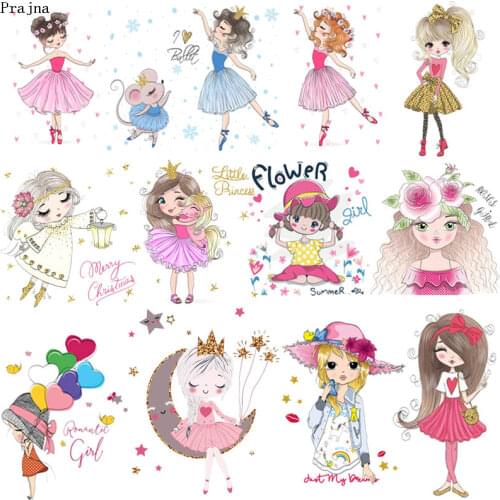 Prajna Cartoon Girl Stripe Iron On Transfer Vinyl Heat Transfer Patches For Clothes Ironing Stickers Applique DIY Badge Washable